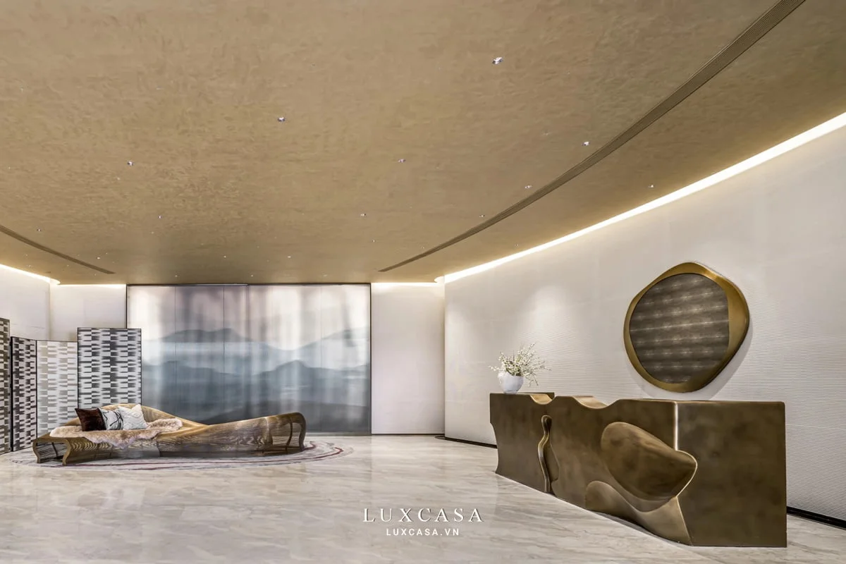 Thiết kế quầy lễ tân đẹp với cách phố màu sang trọng