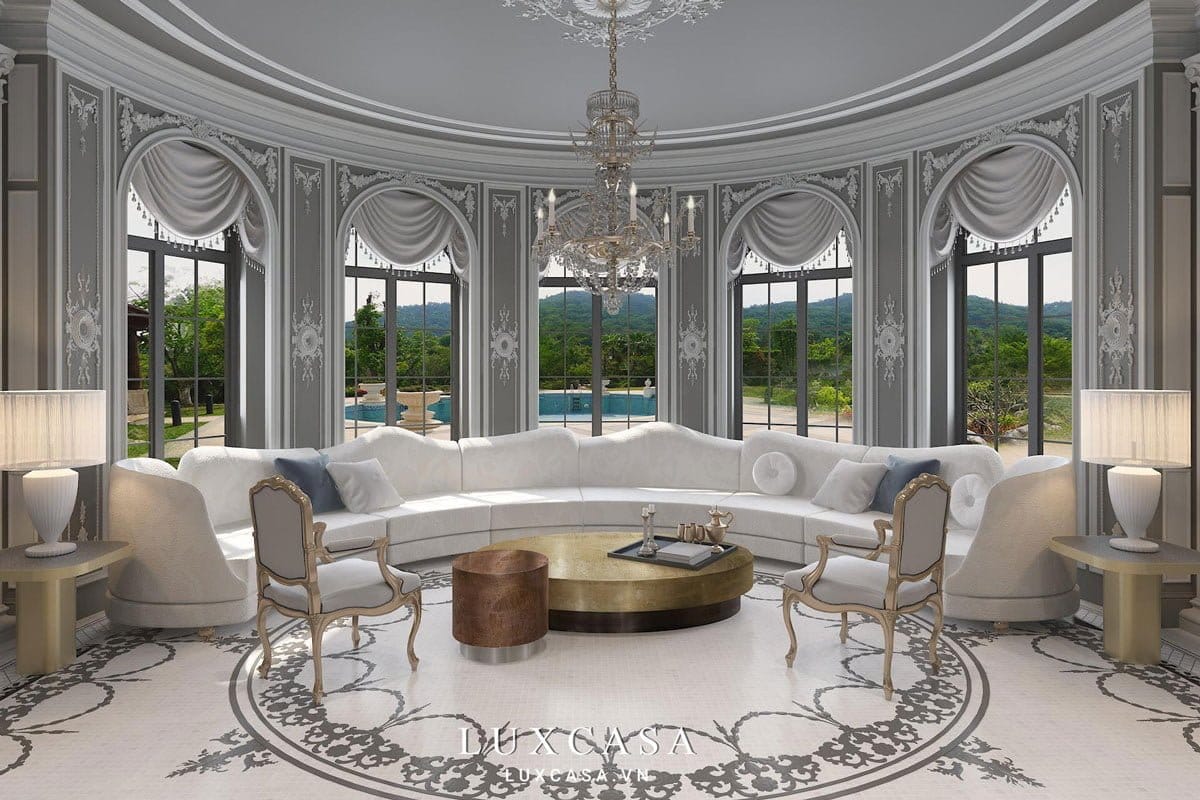 Sắp xếp đồ nội thất phòng tiếp khách tầng 2 dạng vòng cung