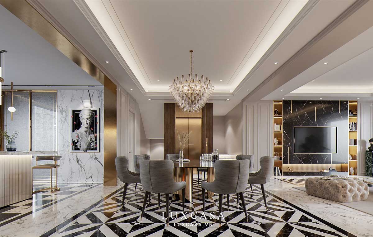 Bàn ăn phòng bếp tân cổ kết hợp đèn chùm pha lê