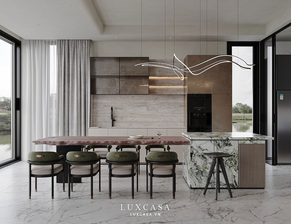 Nhà bếp hiện đại thông thoáng đón ánh sáng tự nhiên từ cửa kính lớn 