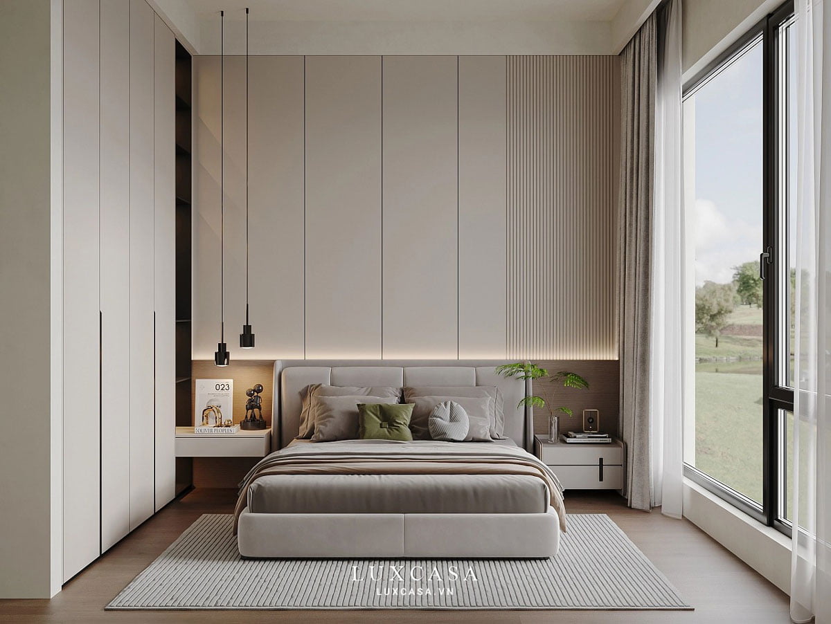 Nội thất phòng ngủ hiện đại kết hợp giường da đơn giản nhưng sang trọng