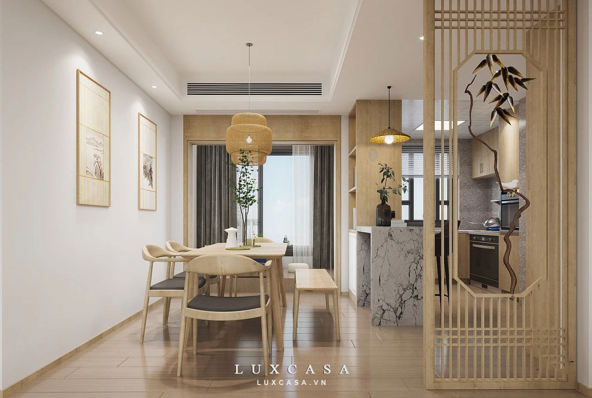 Phòng ăn với vách ngăn đặc trưng trong thiết kế nội thất Nhật Bản