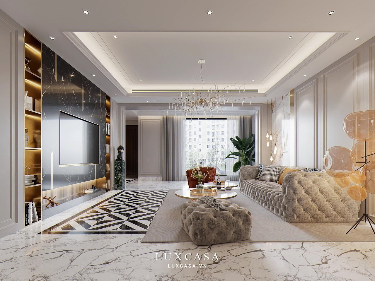 Nội thất phòng khách tân cổ điển kết hợp đá marble hiện đại