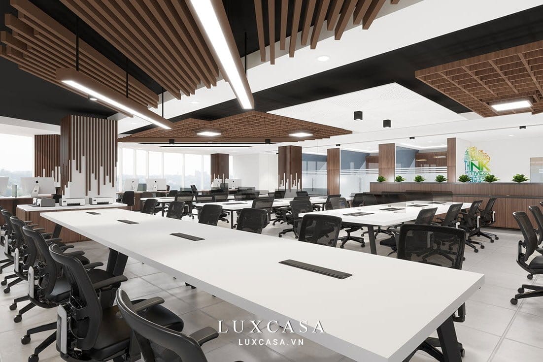 Không gian làm việc chung kết hợp hệ thống đèn hiện đại