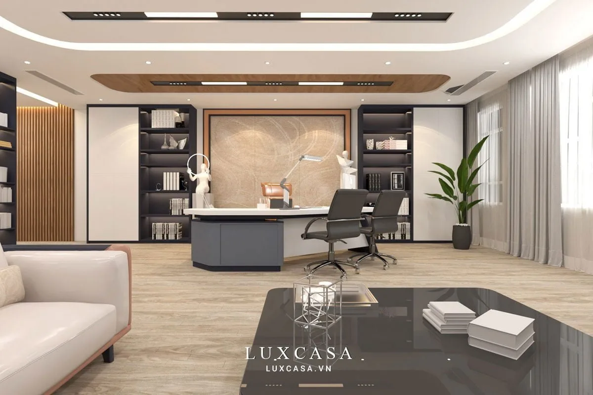 Không gian nội thất phòng giám đốc với chất liệu gỗ chủ yếu