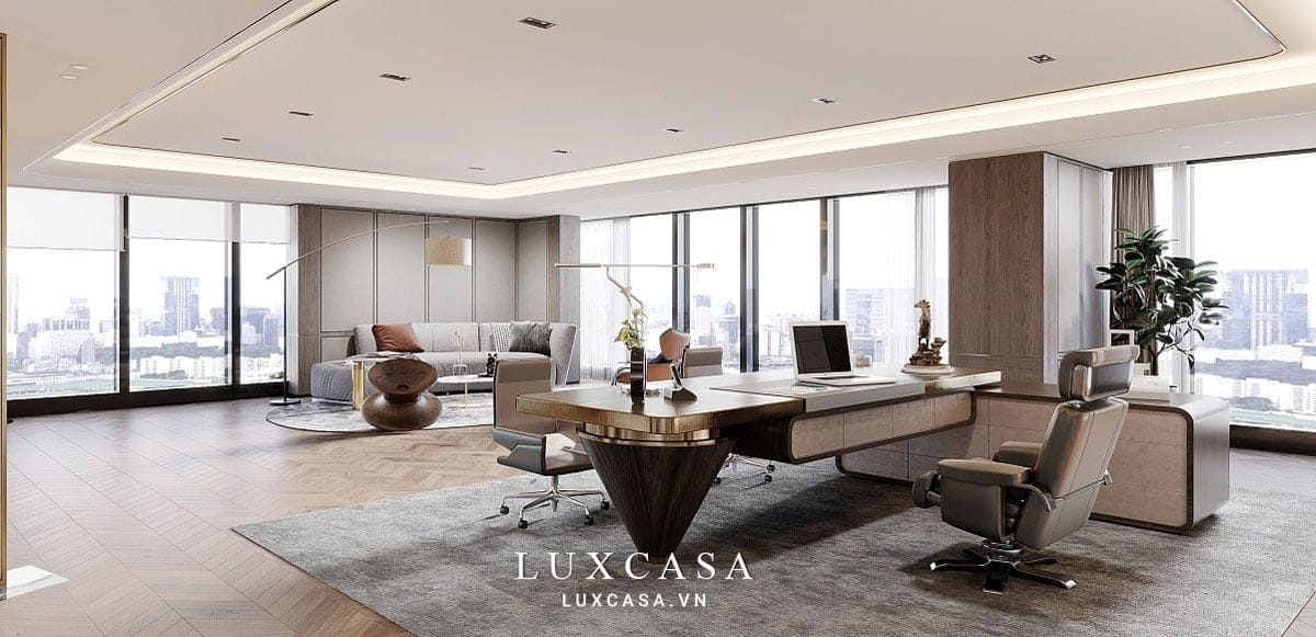văn phòng giám đốc đẹp kết hợp ánh sáng tự nhiên và nhân tạo