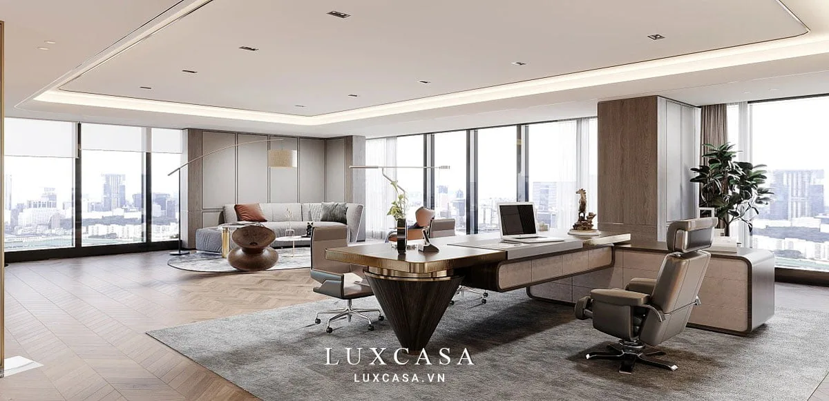 văn phòng giám đốc đẹp kết hợp ánh sáng tự nhiên và nhân tạo