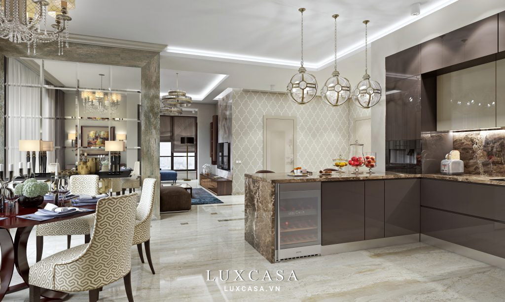 Thiết kế nội thất phòng bếp chung cư Tân cổ điển