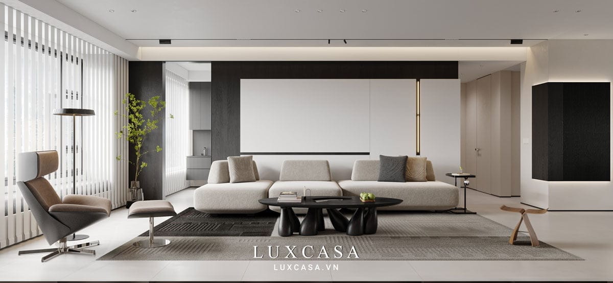 Dự án thiết kế nội thất chung cư tối giản hiện đại 1 Bao quát không gian phòng khách chung cư tối giản