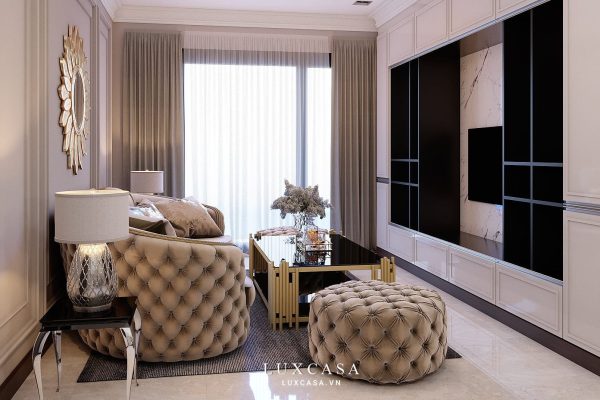 Bao quát phòng khách chung cư tân cổ điển