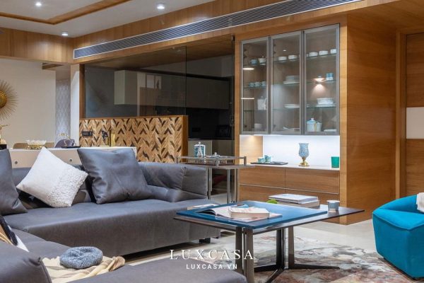 Góc trái phòng khách chung cư gỗ