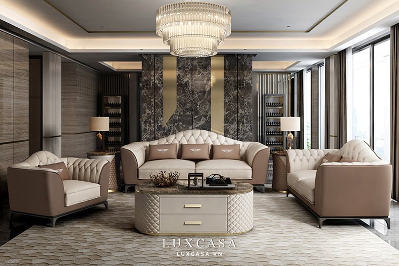 Bộ sofa màu vàng kem tân cổ điển SD135