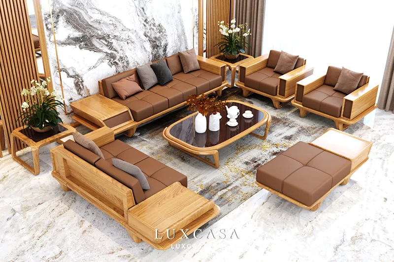 sofa biệt thự bằng gỗ sồi SG04